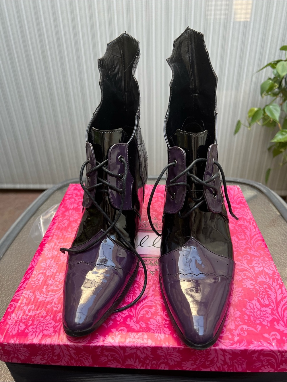 Ellie Black and Dark Purple Patent Lace-Up Pointed Boots